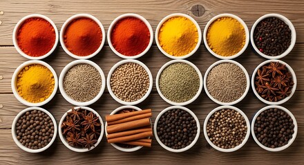 A colorful assortment of ground and whole spices in small white bowls arranged on a wooden surface