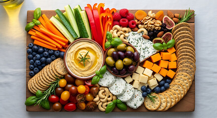 Vector illustration of a vibrant and abundant charcuterie board filled with fresh vegetables, fruits, cheeses, nuts, olives, and crackers, perfect for entertaining