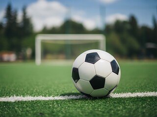 Fototapeta premium Classic Soccer Ball on Green Field with Goal in Background Ready for Game or Practice Sport Recreation Outdoors