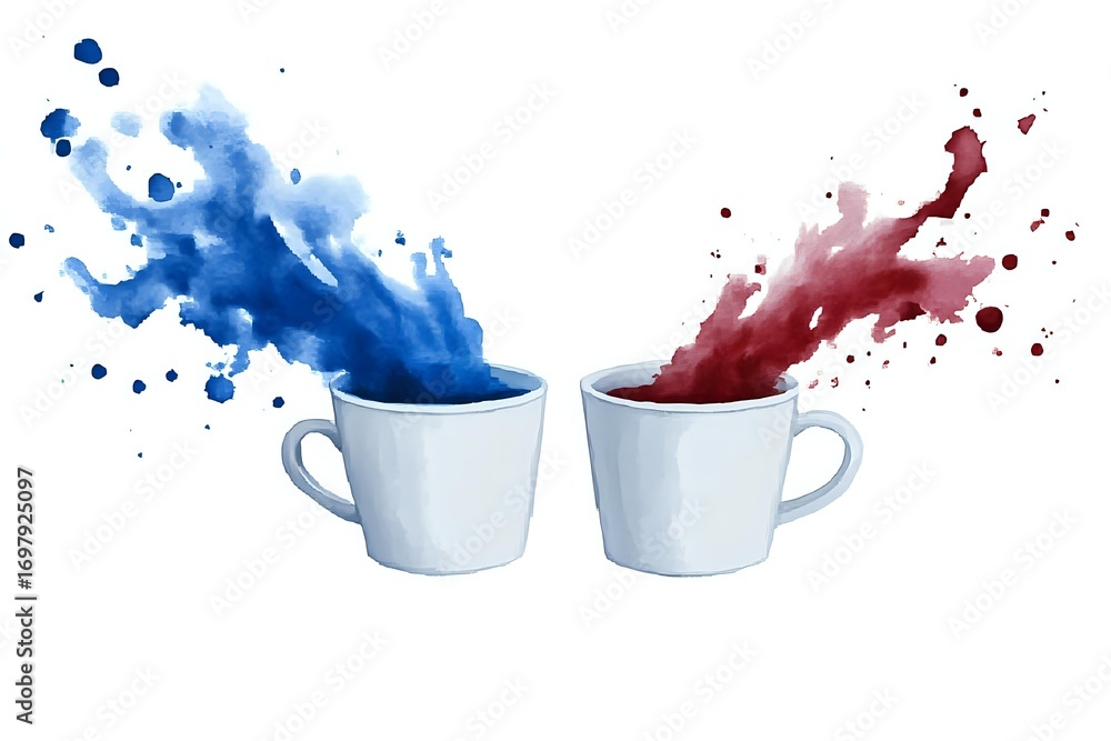 Poster two white coffee cups with dynamic splashes of blue and red liquid creating artistic explosion effec
