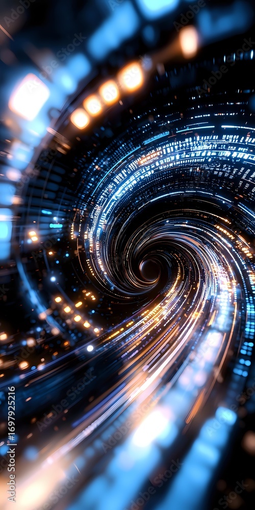 Poster futuristic spiral tunnel with glowing blue and orange light streams creating dynamic motion effect a