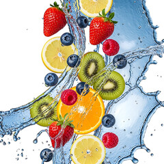 Fresh mixed fruits splashing into water isolated on white background