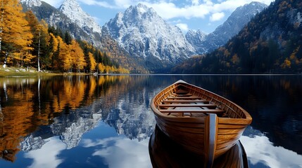 Obraz premium Wooden boat on alpine lake surrounded by snow-capped mountains and golden autumn forest, mirror reflection in calm water creates symmetrical landscape.