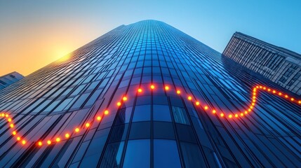 Sunrise over skyscraper with a fluctuating graph