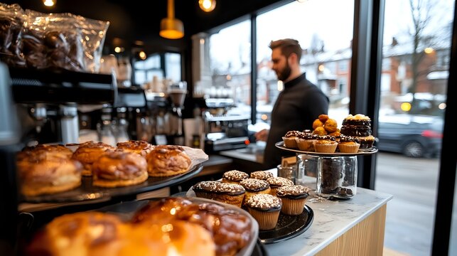 Male barista arranging fresh pastries and desserts on display counter in modern coffee shop with warm lighting and street view through large windows.