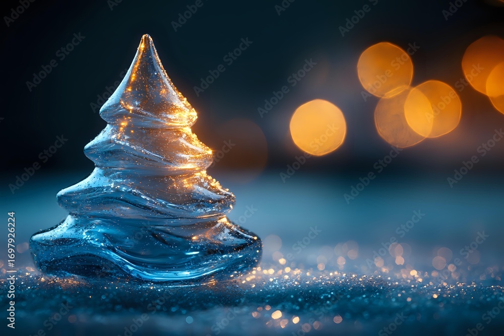 Poster glowing glass christmas tree ornament on sparkling surface with golden bokeh lights in background cr