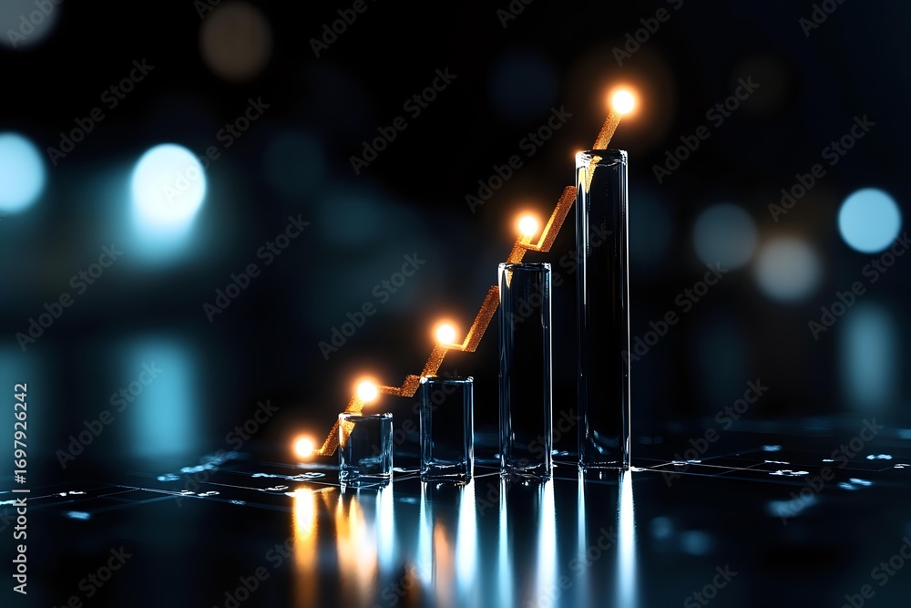 Poster ascending metal bars with glowing candles creating growth chart visualization against dark backgroun