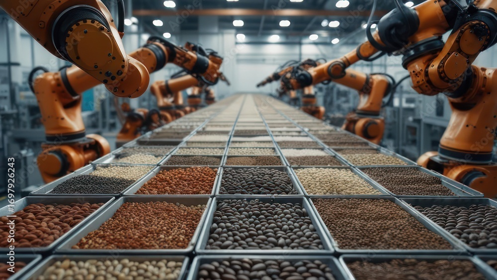 Poster automated food processing: robotic arms overseeing sorted nuts and seeds in a modern factory