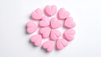 Obraz premium A cluster of vibrant pink pills scattered on a clean white background, showcasing their smooth, glossy surfaces and varying shapes, creating a striking contrast.