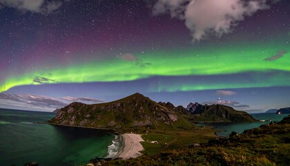 Night sky aurora borealis over islands
