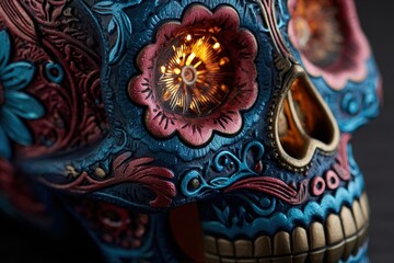 Naklejka premium Detailed close-up of a decorative skull, adorned with intricate floral patterns in vibrant blues, pinks, and golds, highlighting the intricate details and glowing eye.