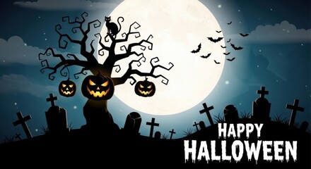 Happy halloween night with spooky pumpkins, bats, and a full moon over a graveyard