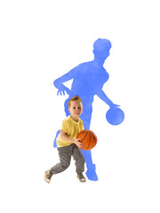 Minimalist pop art collage. Little boy with basketball inside blue silhouette of dribbling player. Concept of art design, sport, childhood, creativity, imagination, play and development.