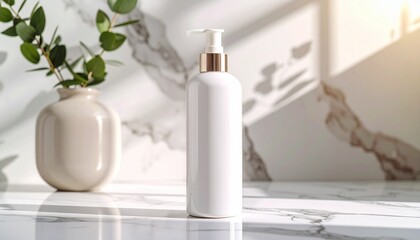 Elegant Skincare Bottle on Marble Surface with Decorative Plant Arrangement