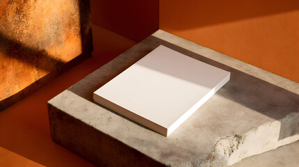 Pristine White Book on Weathered Concrete with Dramatic Sunlight and Warm Orange Tones.