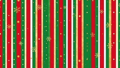Festive Christmas pattern with vertical stripes of red, green, and white, embellished with gold snowflakes and dots.