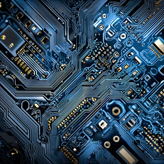 Intricate Blue Circuit Board: Close-up Macro Photography of Electronic Components and Pathways.