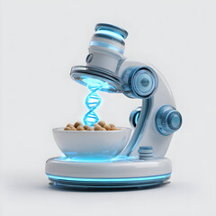 Decoding Nutrition: Futuristic Microscope Analyzes Glowing DNA from a Cereal Bowl.