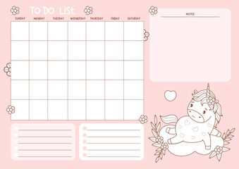 To do list. Outline Cute Unicorn on Cloud. Organizer planner for grid Month, To-Do, Note, memo. Kids horizontal Template with Little Horse. Line drawing, coloring. Vector illustration. Not AI