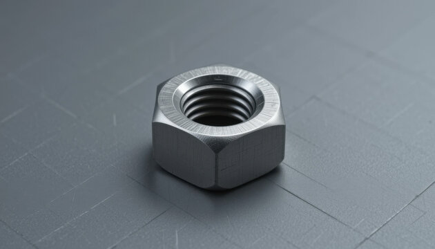 Close up of a single metal hex nut on a gray surface