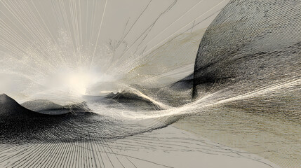 Ethereal Light Burst Through Abstract Textured Landscape with Dynamic Lines.