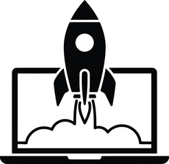 Black Silhouette Rocket Ascending from Laptop Screen - Vector Graphic Design in Modern Digital Workspace Environment