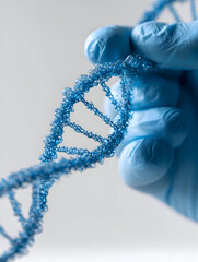 A Scientists Gloved Hand Carefully Holds a Glistening Bubbly Blue DNA Helix.