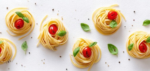 The Pasta Nests with Cherry Tomatoes and Fresh Basil on White Background