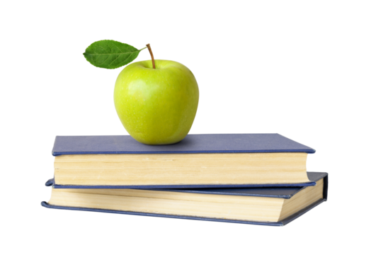 Two books and a green apple isolated on white or transparent background - Powered by Adobe