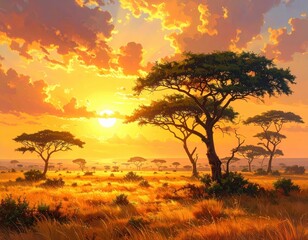 A breathtaking sunset paints the African savanna in warm golden hues, illuminating acacia trees silhouetted against the vibrant sky.