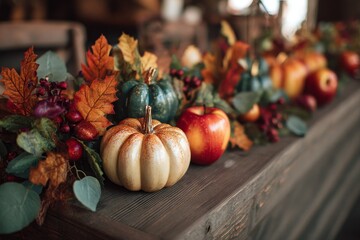 A fall harvest table setting, adorned with decorative gourds, apples, leaves, and berries, creates a warm and inviting autumnal atmosphere.