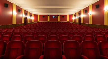 The quiet anticipation of a vintage cinema hall, with rows of vacant red chairs before the film starts