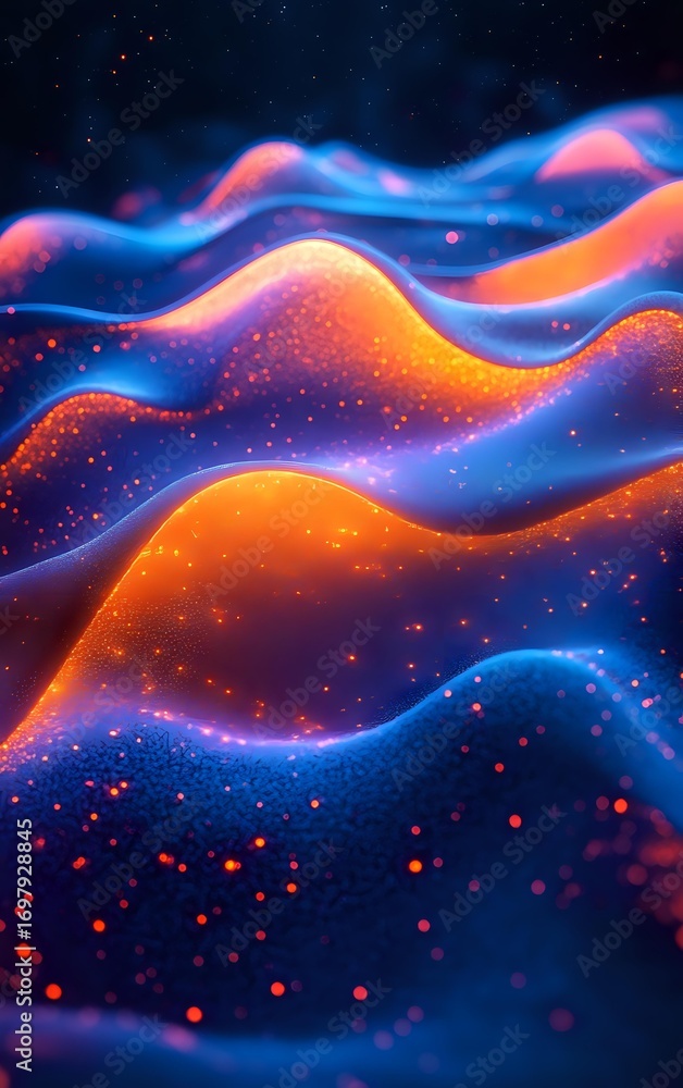 Poster abstract glowing waves with orange and blue gradient colors creating dynamic flowing landscape with 