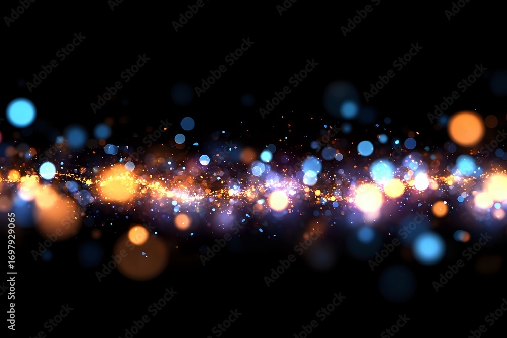 Poster glowing particles with blue and orange bokeh lights floating on black background create magical atmo