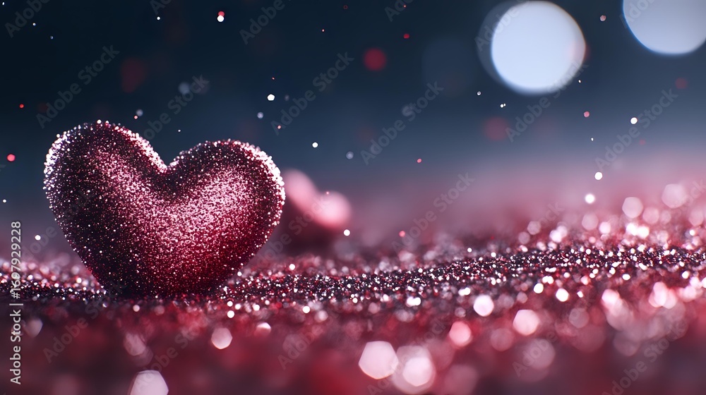 Poster glittering pink heart shape on sparkly surface with dreamy bokeh lights and blurred background creat