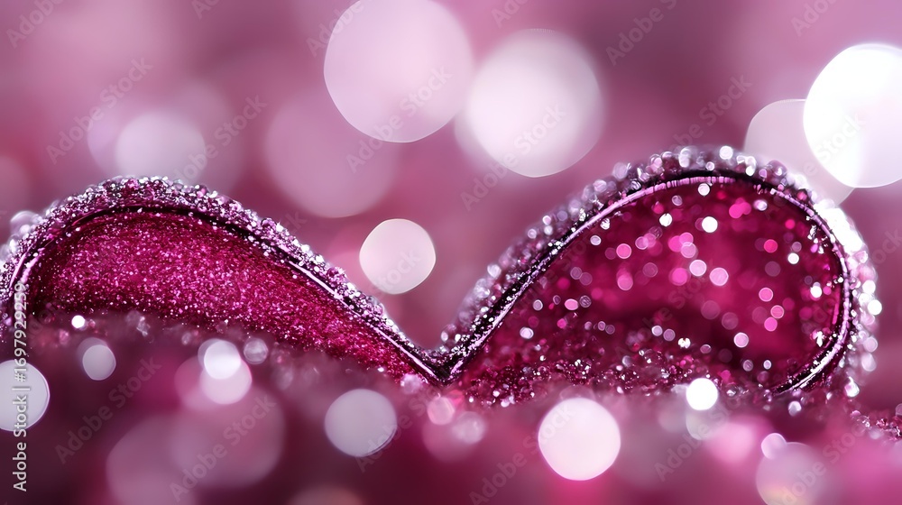Poster pink glittery heart shape with bokeh background in romantic soft focus, decorated with sparkles and 