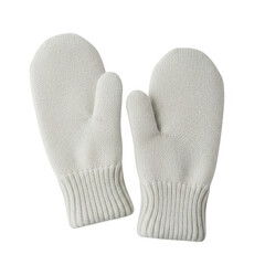A pair of soft white knitted mittens isolated on a transparent background for winter wear
