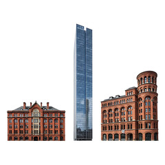 Fototapeta premium Modern skyscraper stands between two historic brick buildings