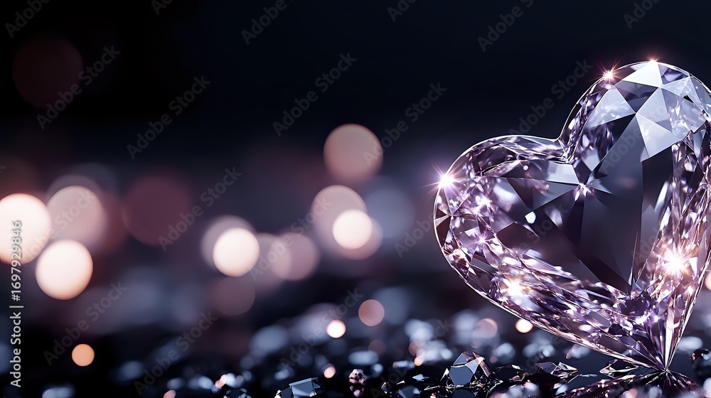 Aufkleber crystal heart shape on dark background with soft bokeh lights creating romantic atmosphere, luxury j