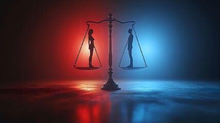 Scales of justice with male and female silhouettes balanced against dramatic red and blue lighting, symbolizing gender equality and legal balance in modern society.