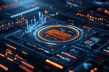 Fototapeta premium Futuristic digital interface with glowing orange and blue elements on dark background showing data visualization and technological advancement in modern computing.