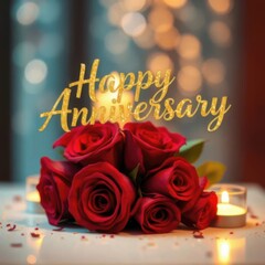 Romantic red roses and happy anniversary decoration with candles
