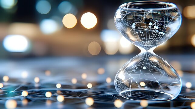 Hourglass with glowing digital network lines and world map pattern against blurred bokeh background, symbolizing global time management and connectivity.