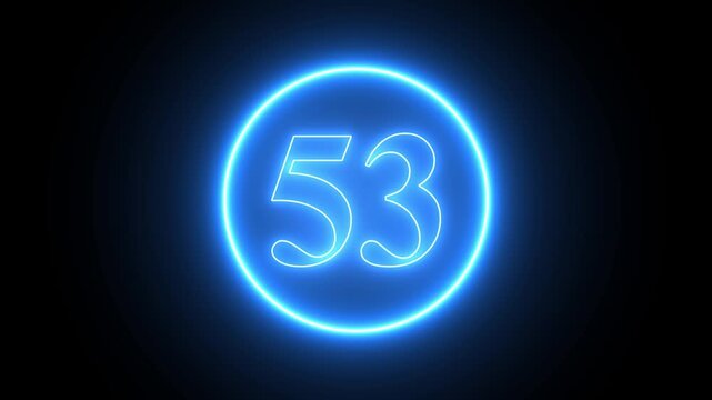 neon text 53 number countdown icon background 4k animation.