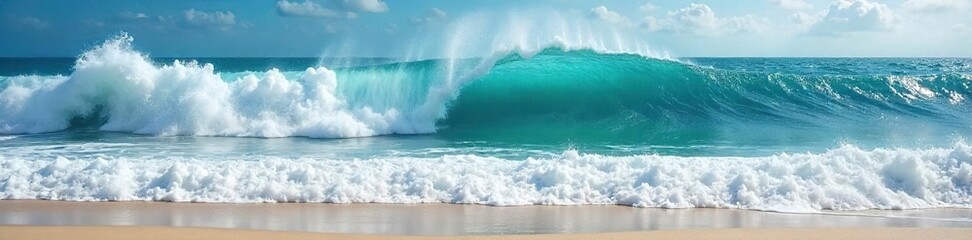 Fototapeta premium Epic ocean waves crashing on a pristine beach, creating a mesmerizing display of nature's power and beauty Perfect for travel, nature, or surfing themed projects , clouds, energy, dramatic