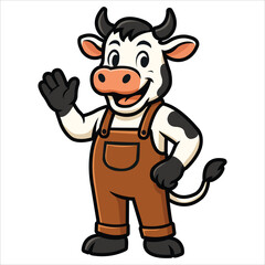 Cute cartoon cow farmer mascot set wearing brown overalls with different poses such as waving, thumbs up, holding milk bucket, pitchfork, pointing, jumping and standing, perfect for farm and dairy des
