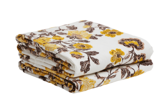 Folded floral blanket in cream, mustard yellow, and brown