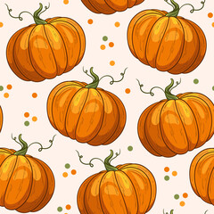 Pumpkin seamless pattern on a beige background with dots, harvest background, colorful autumn pattern design, orange and green digital paper design, fall hand-drawn decorative pattern