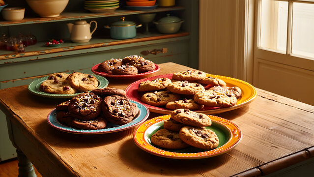 Freshly baked cookies on colorful plates arranged on a wooden table in a cozy kitchen setting - Powered by Adobe