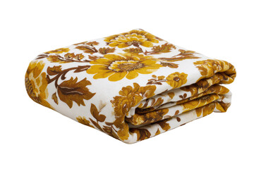 Folded blanket featuring a repeating pattern of gold-toned sunflowers and leaves on a white background